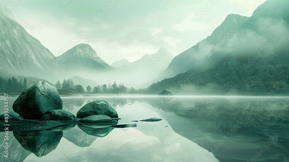 Sticker Serene mountain landscape with misty reflections and zen rocks