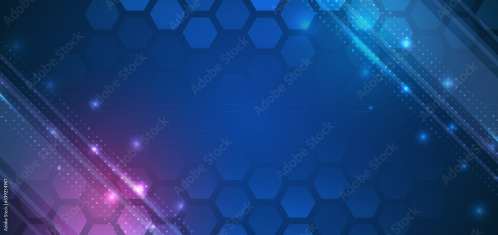 Poster Abstract hexagons, futuristic concept. Data transfer and protection, internet communication on a blue background. High computer technology design. Modern science vector presentation.