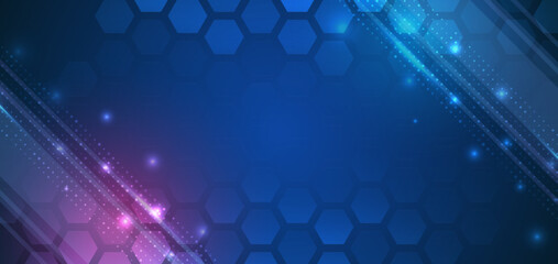 Obraz premium Abstract hexagons, futuristic concept. Data transfer and protection, internet communication on a blue background. High computer technology design. Modern science vector presentation.