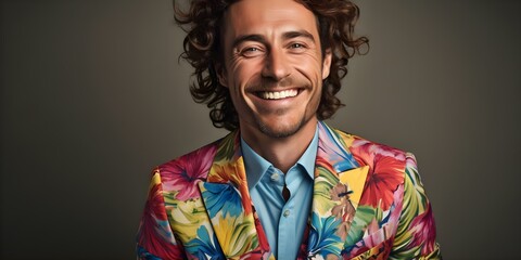 A stylish man in colorful clothes smiling against a light background. Concept Fashion Photoshoot, Colorful Attire, Happy Expression, Light Background, Stylish Man