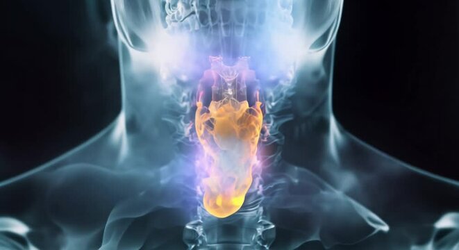 A clear Xray visualization of the thyroid gland, which controls metabolism and energy production, highlighting its position at the base of the neck