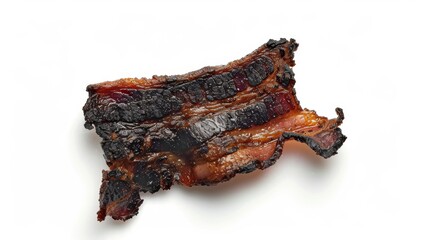 charred bacon strip Isolated on white background. concept of food waste for designer.