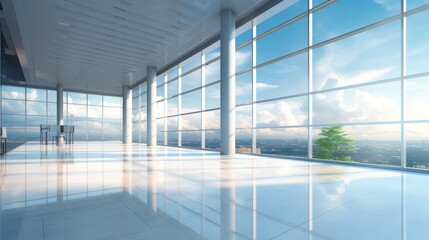 modern office building with glass wall and tiled floor