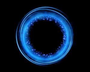 Magic portals on the night scene. Blue round holograms with rays of light and sparkles. Glowing futuristic teleport tunnel with copy space on black background.	