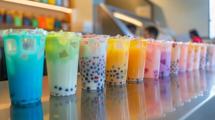 A colorful lineup of bubble milk tea cups in different flavors and sizes, enticing customers at a trendy bubble tea shop