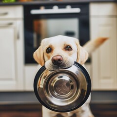 Obraz na płótnie Canvas Hungry dog with sad eyes is waiting for feeding. Cute pet holding dog bowl in his mouth at home