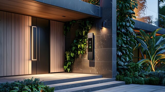 A sleek and modern smart doorbell with camera, mounted on the exterior wall of an urban home in Sydney Australia, showcasing advanced security features like advanced AI facial recognition.