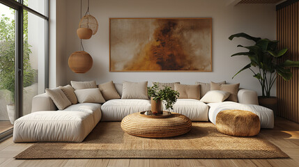 Interior of modern living room with white walls, wooden floor, comfortable sofa and armchairs standing near coffee table