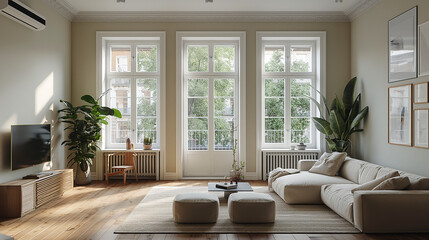 Minimalist living room in white color with sofa and summer landscape in window. Scandinavian interior design.