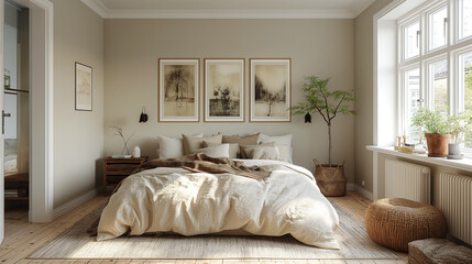 Comfortable bed  in light room interior