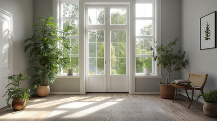 White empty room with summer landscape in window. Scandinavian interior design