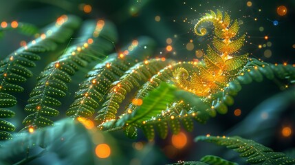 A detailed close-up of a fern frond unfurling, with tiny, luminescent particles of electrons and neutrons dancing around, merging the intricate beauty of nature with atomic structures. Flat color