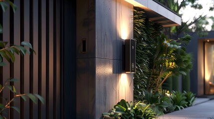 A sleek and modern smart doorbell with camera, mounted on the exterior wall of an urban home in Sydney Australia, showcasing advanced security features like advanced AI facial recognition.