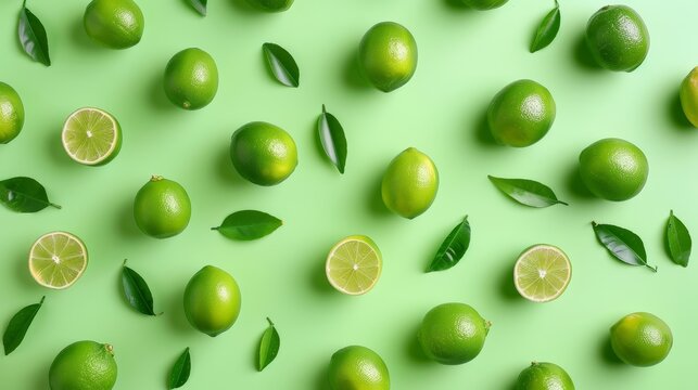 Limes pattern on light green background, top view, copy space, pop art design, photorealistic, whimsical, composite, bright and lively