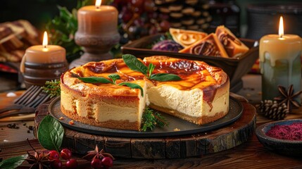 Naklejka premium Delicious homemade cheesecake with fresh garnish served in a cozy, candlelit setting. Perfect for desserts and festive occasions.