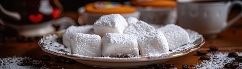 A close-up of a plate of powdered sugar marshmallows with coffee cups in the background, creating a cozy and sweet ambiance.