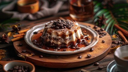 Delicious coffee-flavored dessert topped with coffee beans and drizzled with caramel, beautifully plated in a cozy rustic setting.