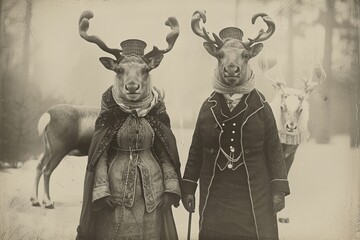 Fototapeta premium Funny retro photograph of reindeer family dressed in victorian era clothing, sepia tones