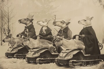 Naklejka premium Funny retro photograph of reindeer snowmobiles dressed in victorian era clothing, sepia tones