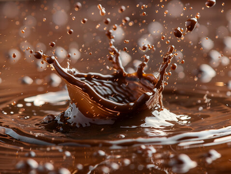 uno splash di cioccolato con gocce sospese nell&rsquo;aria, catturando il movimento dinamico del cioccolato liquido