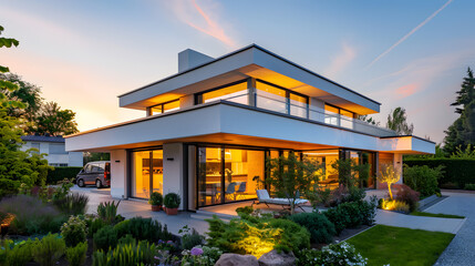 Obraz premium A stunning, modern single-family house with clean, minimalist architecture. The design features large floor-to-ceiling windows, sleek lines, and a flat roof.