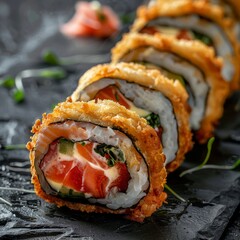 Tempura Maki Set, Deep Fried Sushi Rolls with Salmon and Philadelphia Cheese, Tuna Fish