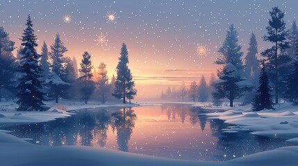 Fototapeta premium A serene winter landscape with snow-covered trees and a calm river, enhanced with faint, glowing atomic particles, blending the cold beauty of nature with the warmth of scientific wonder. Flat color