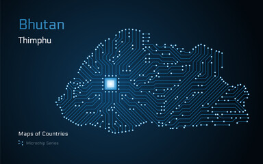 Bhutan Map with a capital of Thimphu Shown in a Microchip Pattern with processor. E-government. World Countries vector maps. Microchip Series	