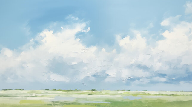 Minimalist landscape painting of cloudy sky and green field