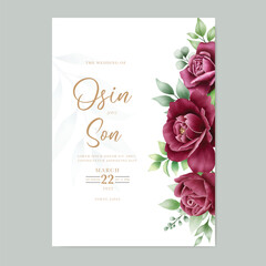 vintage wedding invitation card set with maroon roses watercolor