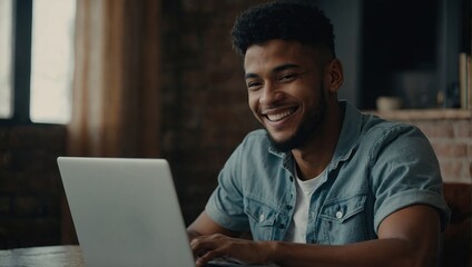 Young man using laptop and smiling 