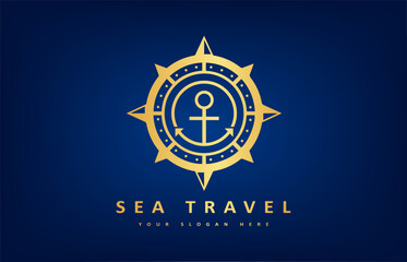 Anchor and compass logo vector. Ship and tourism design. Tourist navigation device.