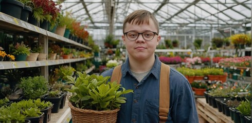 Young man with Down syndrome working in garden centre, carrying basket with plants