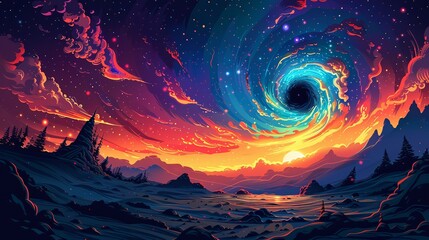 A flat color drawing of a black hole with its surrounding accretion disk, featuring tiny, strange life forms being pulled towards the event horizon. Flat color illustration, shiny, Minimal and Simple,