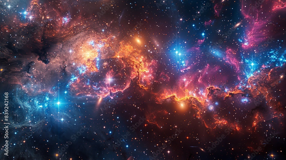 Wall mural an abstract image of a distant galaxy cluster, with a myriad of stars and colorful gases, populated  - Wall murals