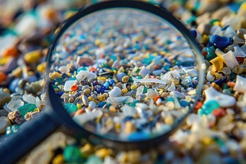 magnifying glass looking at beach covered in microplastics