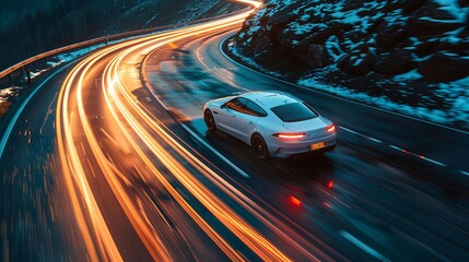 a white car speeding along the road, streaks of light 