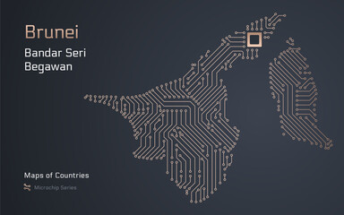 Brunei Map with a capital of Bandar Seri Begawan Shown in a Microchip Pattern with processor. E-government. World Countries vector maps. Microchip Series	