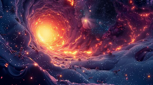 An abstract depiction of a wormhole with stars and light bending around it, featuring tiny, bizarre creatures resembling insects and single-celled organisms. Flat color illustration, shiny, Minimal