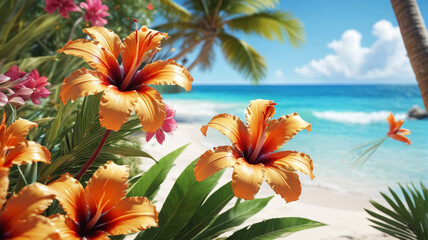 Exotic Coastal Retreat: Tropical Flowers Create a Captivating Aura in the Summer Beach Scene, Generative AI