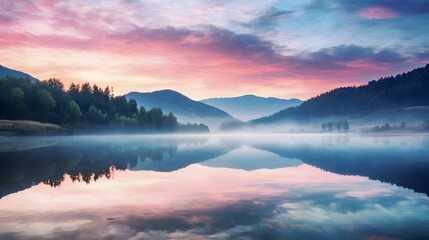 Fototapeta premium Serene sunrise over a calm lake with stunning mountain reflections, enveloped by a magical mist and vibrant colors in the sky.