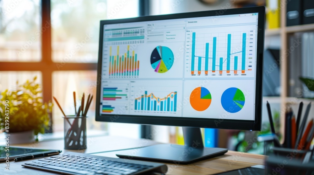 Poster a desktop computer screen displaying a spreadsheet with colorful business graphs and charts, symboli