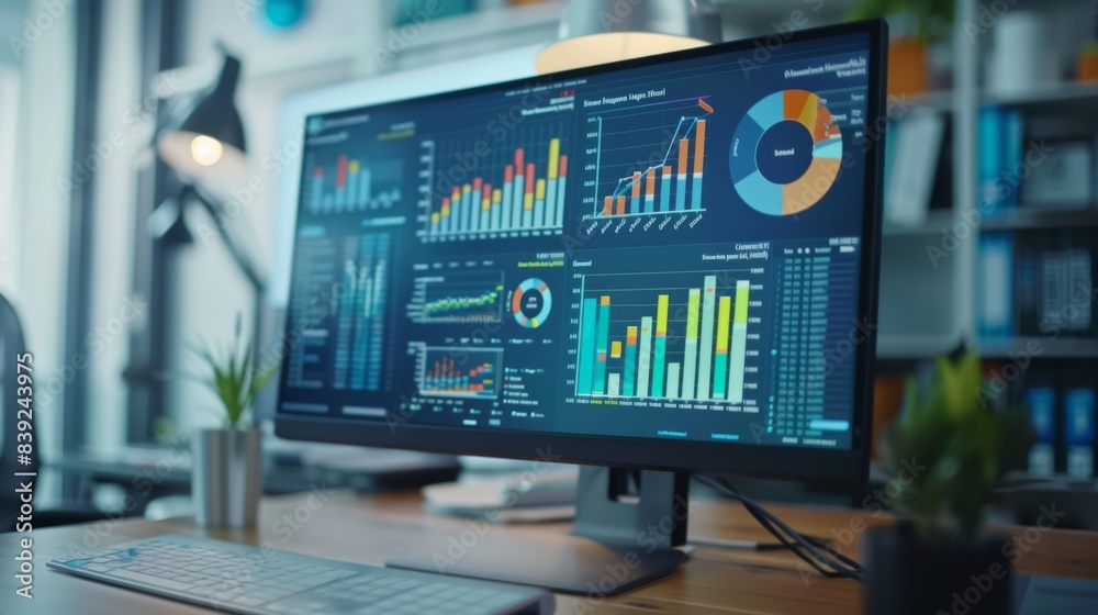 Leinwandbilder A desktop computer screen displaying a spreadsheet with colorful business graphs and charts, symbolizing financial analysis