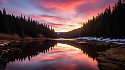Obraz premium Serene river surrounded by dense forest at sunset, with vibrant sky reflections creating a tranquil and picturesque scene.