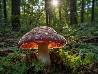 Fototapeta premium Vibrant red mushroom with white spots stands prominently in forest, bathed in sunlight filtering through trees. Cap of mushroom large, slightly domed, with droplets of water glistening on its surface.