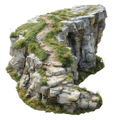 A picturesque rocky cliff adorned with lush green grass and a meandering path that leads to a breathtaking viewpoint.