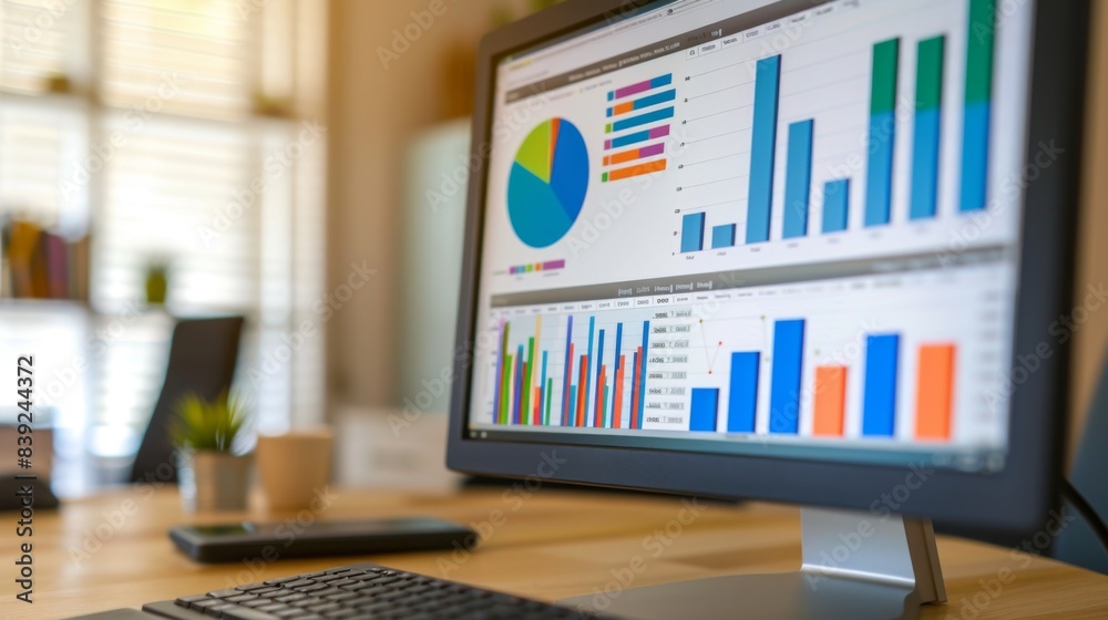 Fototapete a desktop computer screen displaying a spreadsheet with colorful business graphs and charts, symboli