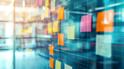 the concept of timing business plans in the office . Abstract background with task cards and a calendar