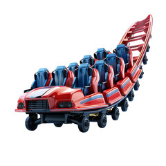 A vibrant red roller coaster with multiple seats, designed for thrilling theme park rides and amusement park fun.