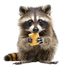 Fototapeta premium Adorable raccoon holding and eating bread, cute wildlife animal portrait, isolated on white background.
